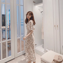 Load image into Gallery viewer, MISHOW 2019 summer chiffon flower print dress women lady Vneck short sleeve high waist with belt ruffle Mid-calf dress MX19B1260