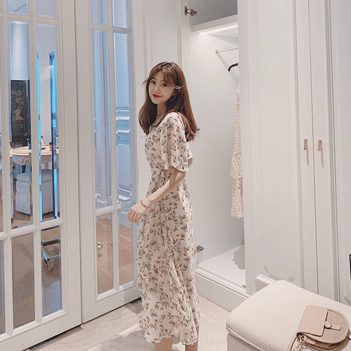 MISHOW 2019 summer chiffon flower print dress women lady Vneck short sleeve high waist with belt ruffle Mid-calf dress MX19B1260