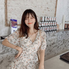 Load image into Gallery viewer, MISHOW 2019 summer chiffon flower print dress women lady Vneck short sleeve high waist with belt ruffle Mid-calf dress MX19B1260