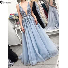 Load image into Gallery viewer, Sexy V-Neck Appliques Lace Beading Blue Prom Dresses Long 2019 Backless Tulle A-line Evening Dress Vestido De Festa Longo