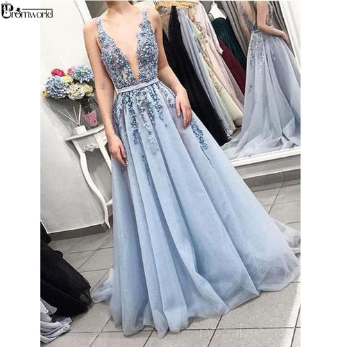 Sexy V-Neck Appliques Lace Beading Blue Prom Dresses Long 2019 Backless Tulle A-line Evening Dress Vestido De Festa Longo