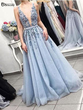 Load image into Gallery viewer, Sexy V-Neck Appliques Lace Beading Blue Prom Dresses Long 2019 Backless Tulle A-line Evening Dress Vestido De Festa Longo