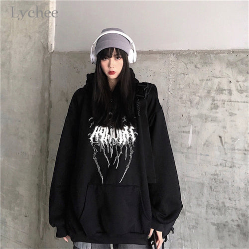 Lychee Harajuku Casual Loose Female Fleece Hoodies Lightning Letter Women Fleece Hooded Sweatshirt Autumn Lady Hooded Fleece Top