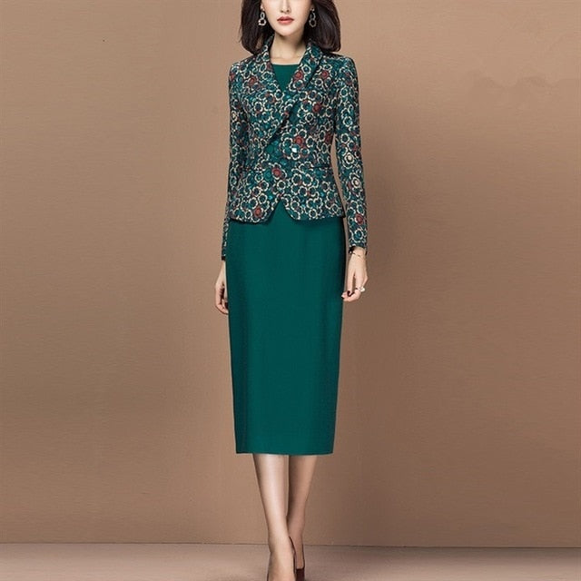 Women Suit Elegant Office Lady Formal Slim Long Sleeve Floral Blazer Jacket Sleeveless Pencil Dress Two Piece Set Outfits Female