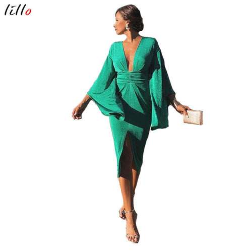 Spot! Fashion sexy green dress Hot new style Deep V dress Slim party dress temperament retro style bodycon dress