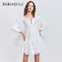 Load image into Gallery viewer, TWOTWINSTYLE Lantern Sleeve Ruffle Dresses Women Square Patchwork Lace Sexy Mini Dress Female Fashion Clothing 2020 Spring New