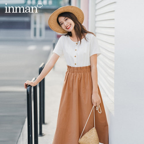 INMAN 2020 Summer New Arriavl Short Sleeve Pure Cotton Round Collar Jacquard Weave Nipped Waist Dress