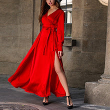 Load image into Gallery viewer, Ordifree 2019 Summer Autumn Boho Women Long Satin Dress Long Sleeve Elegant Lady Floor Length Silk Maxi Dress