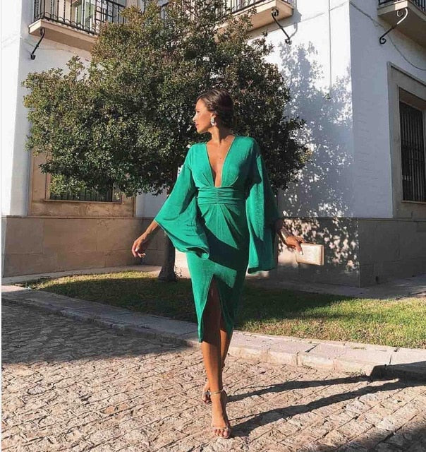 Spot! Fashion sexy green dress Hot new style Deep V dress Slim party dress temperament retro style bodycon dress