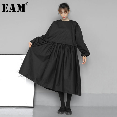 [EAM] Women Black Pleated Split Joint Big Size Dress New Round Neck Long Sleeve Loose Fit Fashion Tide Spring Autumn 2020 1N533