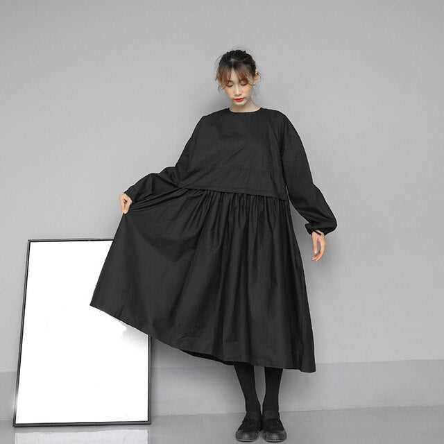 [EAM] Women Black Pleated Split Joint Big Size Dress New Round Neck Long Sleeve Loose Fit Fashion Tide Spring Autumn 2020 1N533