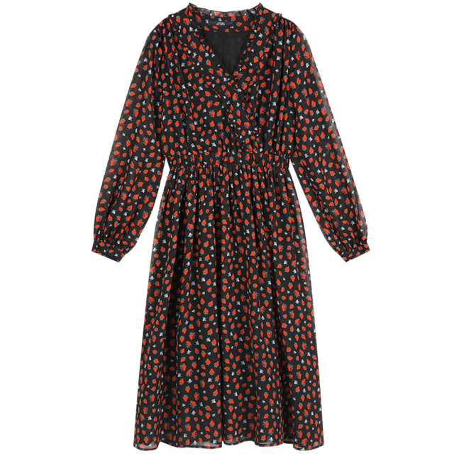 ELFSACK Black Strawberry Print Casual Chiffon Midi Dresses Women 2020 Spring Vintage High Waist Girly Korean Sweet Holiday Dress
