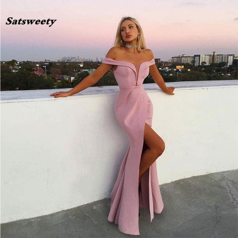 Sleeveless Off the Shoulder Pink Evening Gowns with Split Satin Mermaid Prom Dresses Long Elegant Dresses 2020