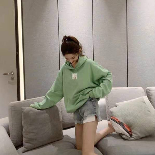 Loose Three-dimensional Letter Print Logo Green Hoodies Sweatshirt Women Long Sleeve A2