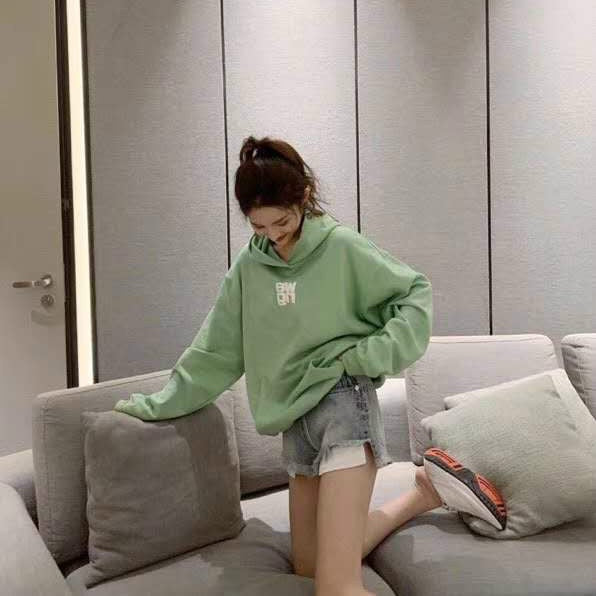 Loose Three-dimensional Letter Print Logo Green Hoodies Sweatshirt Women Long Sleeve A2