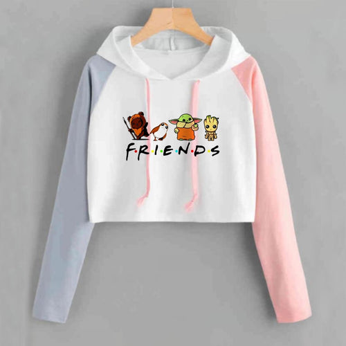 Baby Groot and Baby Yoda with Friends Crop Top Long-sleeve Women Cropped Hoodie Casual Lady Girl Pink Pullover Women's Clothing