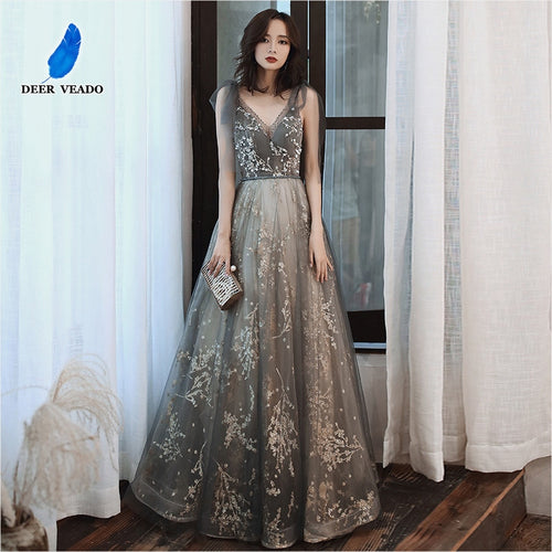 DEERVEADO MFY078 Sexy V Neck Beading Prom Dresses Long 2020 New Arrival Tulle Formal Party Dresses Prom Gown