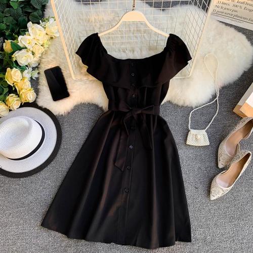 Summer lotus leaf collar single-breasted pocket waist strap dress 2019 new fashion women's adult clothing